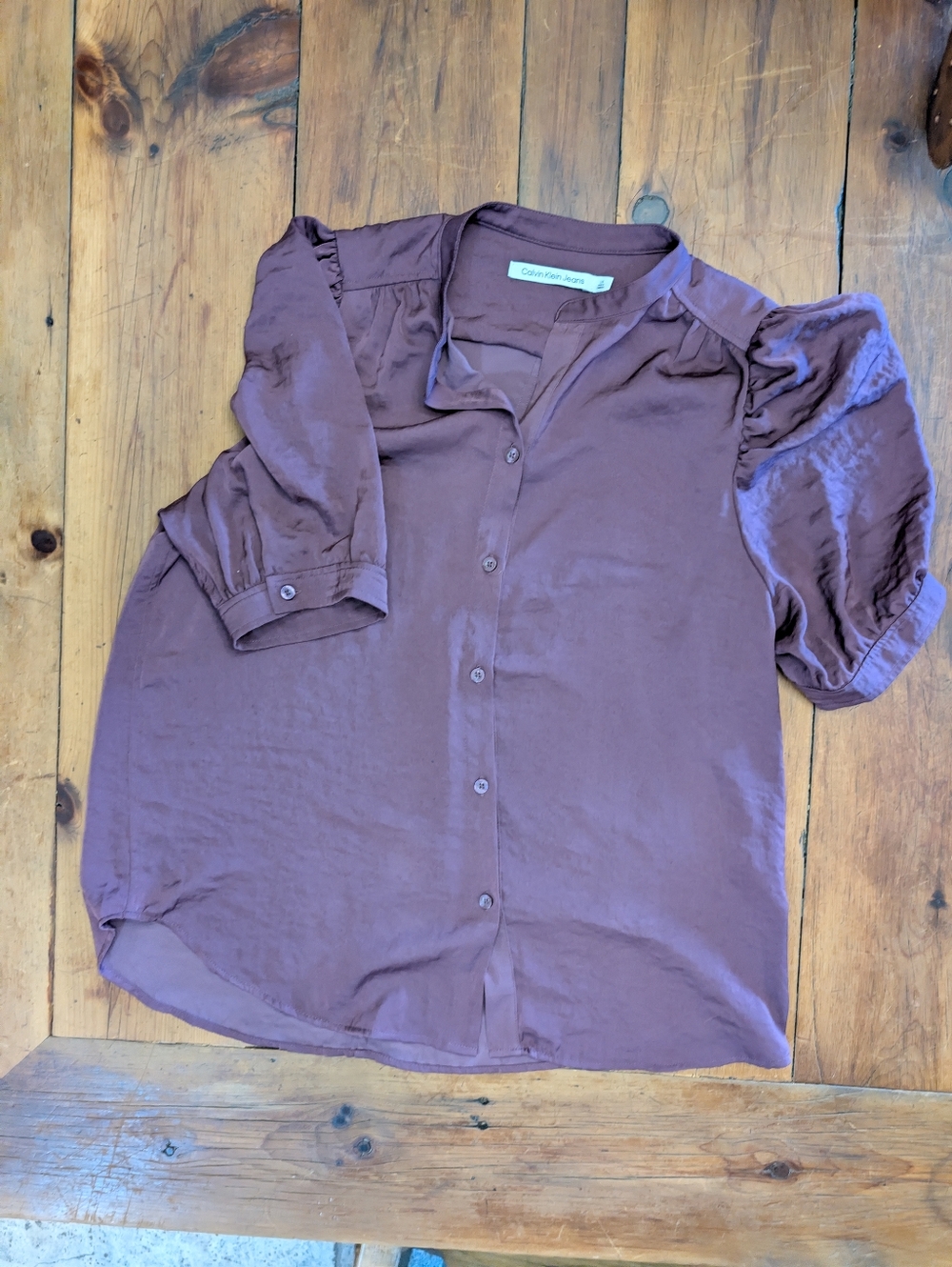 Calvin Klein Eggplant Crinkle Satin Blouse Large